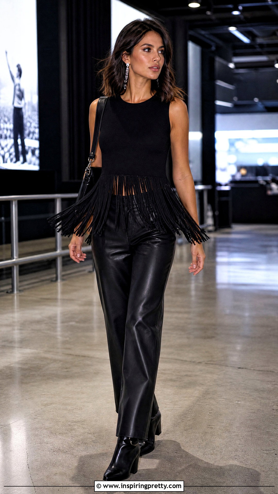 Black Fringe Top With Leather Trousers - 50 black going out tops outfit ideas
