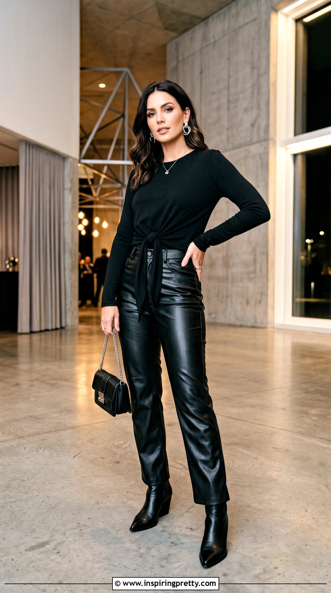 Black Front Tie Top With Leather Pants - 50 front tie top outfit ideas