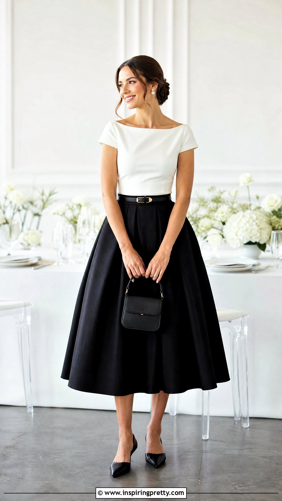 Black Full Skirt And White Boat Neck Top Outfit - 50 Black Skirt And White Top Outfit ideas