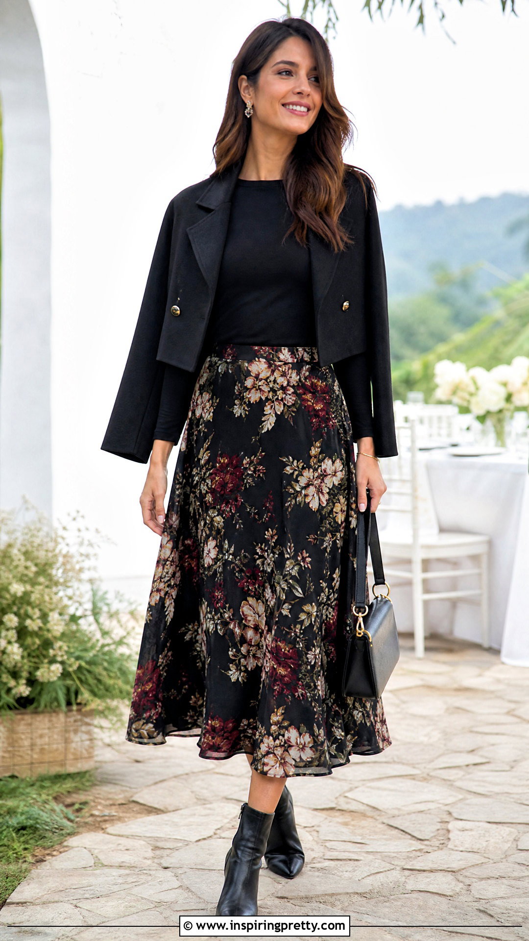 Black Full Sleeve Top With Floral Midi Skirt - 50 black full sleeve top outfit ideas