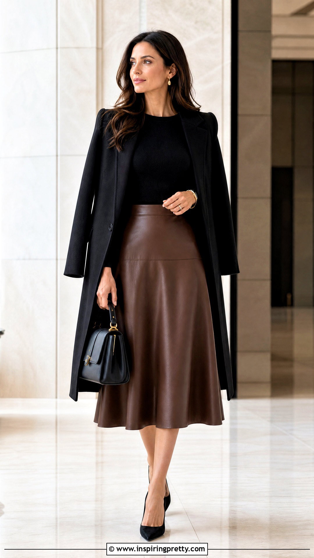 Black Full Sleeve Top With Leather Midi Skirt - 50 black full sleeve top outfits