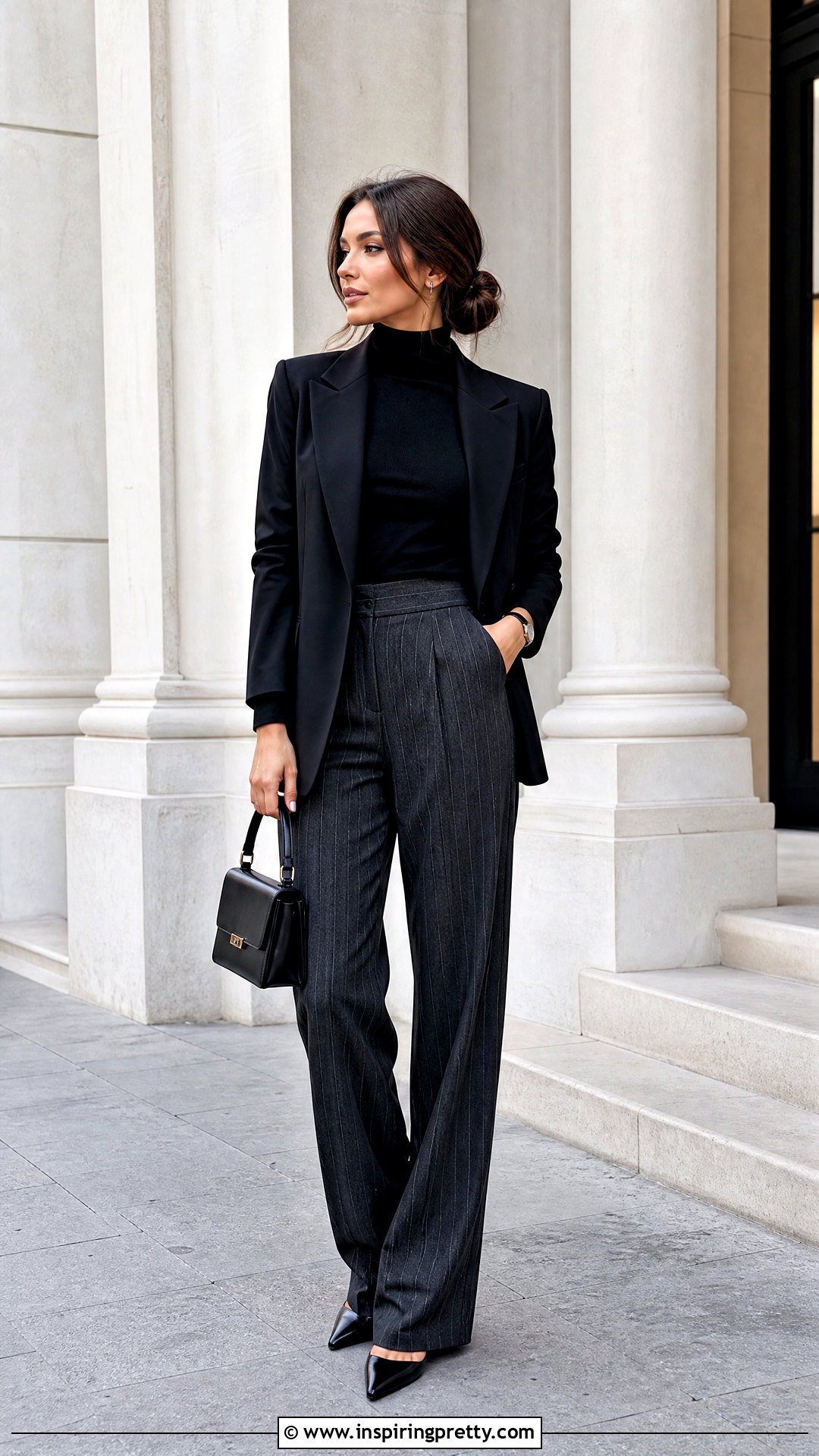 Black Full Sleeve Top With Pinstripe Pants - 50 black full sleeve top outfit ideas