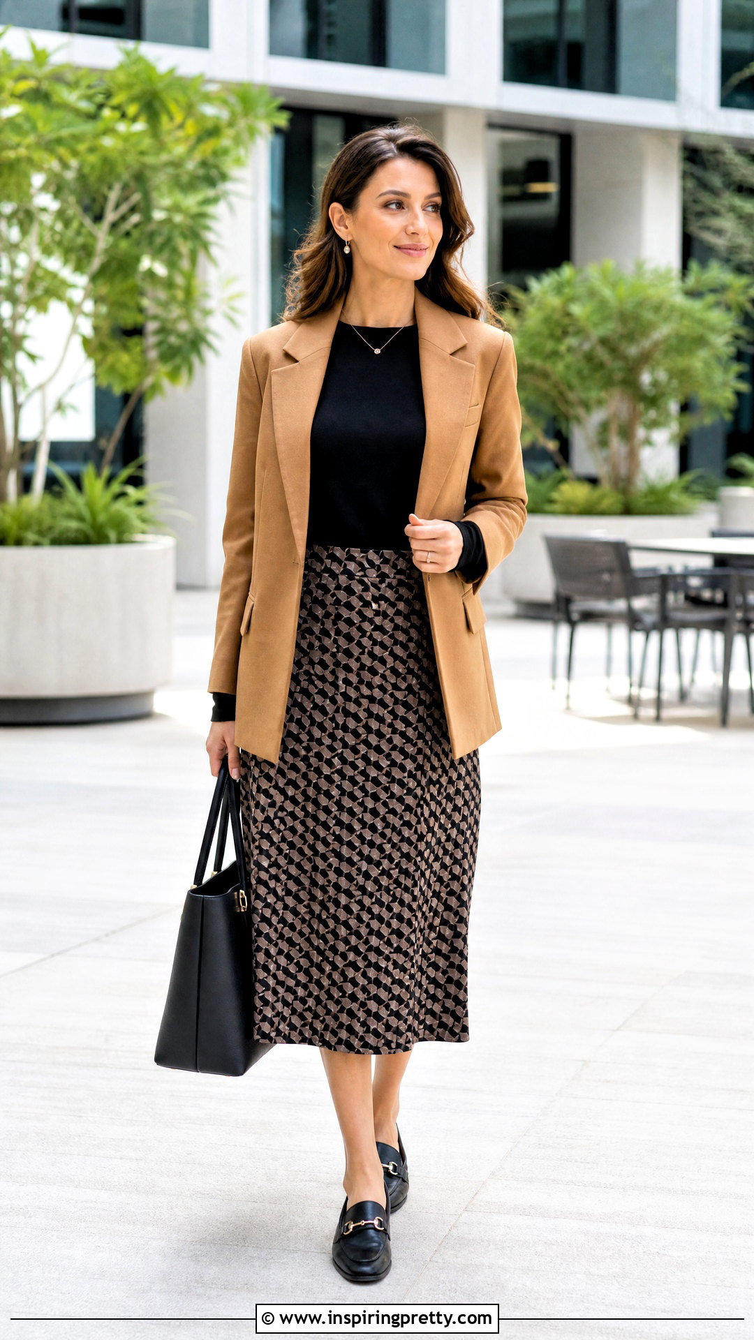 Black Full Sleeve Top With Printed Midi Skirt And Blazer - 50 black full sleeve top outfits