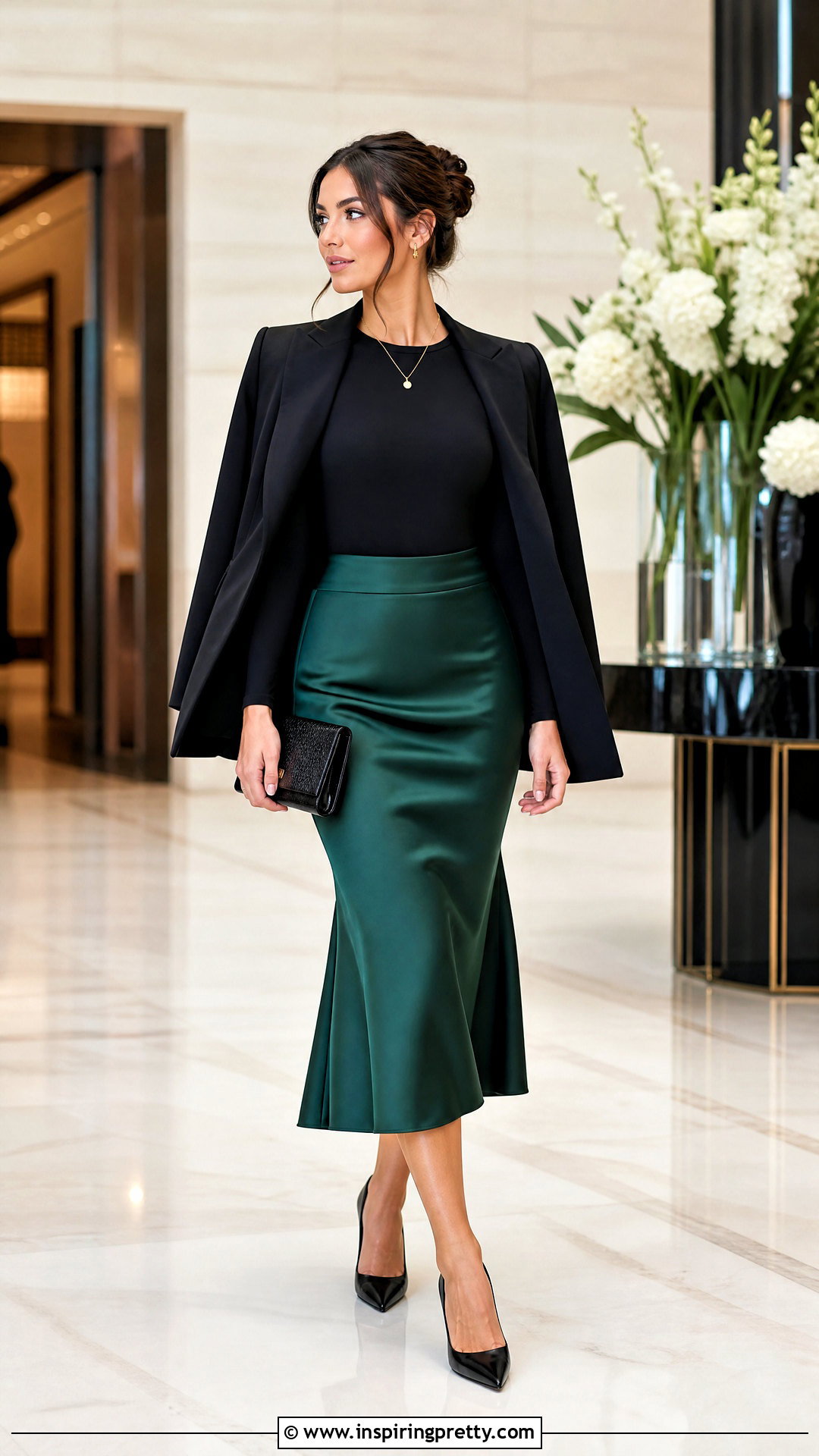 Black Full Sleeve Top With Satin Midi Skirt - 50 black full sleeve top outfits