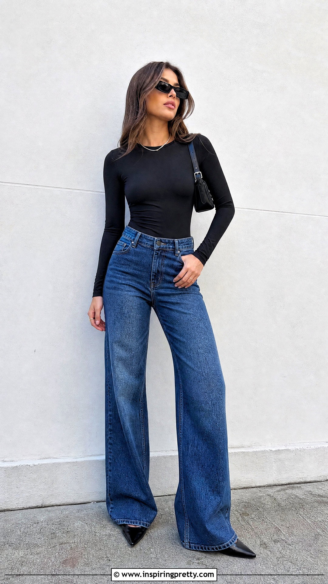 Black Full Sleeve Top With Wide Leg Jeans - 50 black full sleeve top outfit ideas