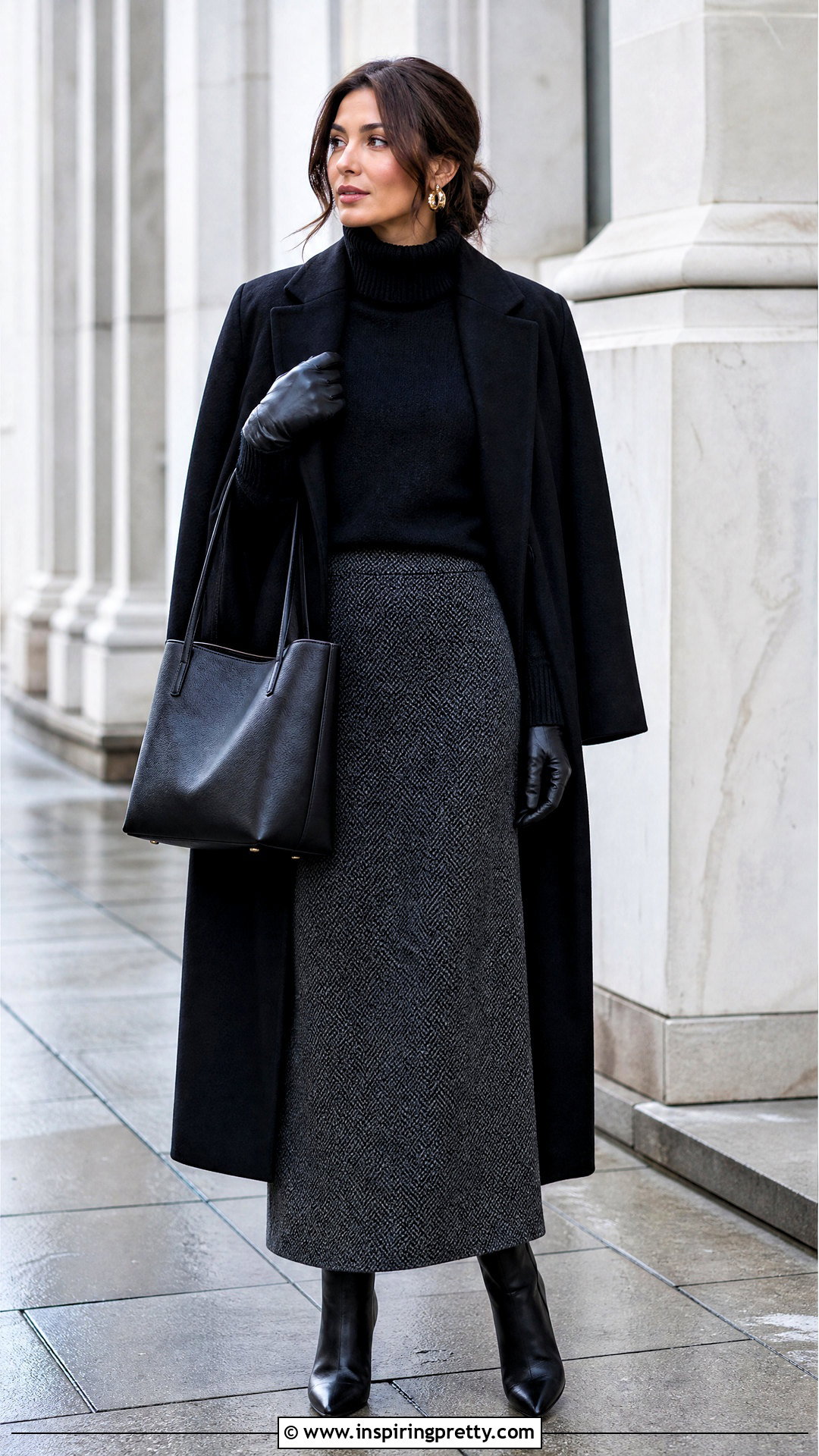 Black Funnel Neck Sweater And Wool Maxi Skirt Outfit - 50 black top and skirt outfits