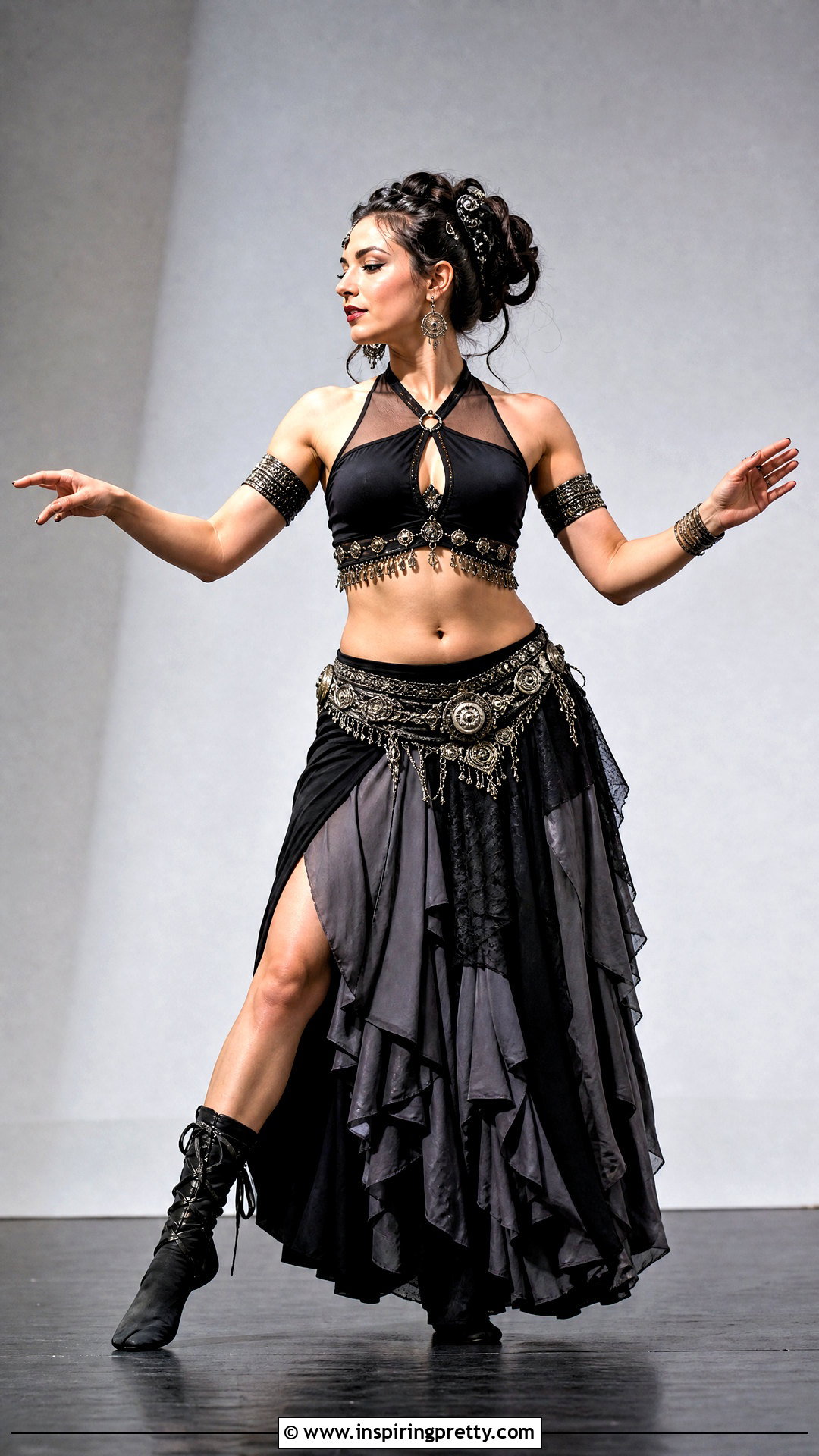 Black Fusion Belly Dancing Top With Layered Skirt - 25 belly dancing tops outfit ideas