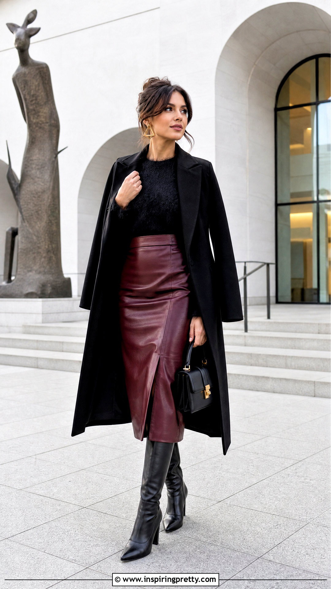 Black Fuzzy Top With Faux Leather Midi Skirt - 25 black fuzzy top outfit ideas
