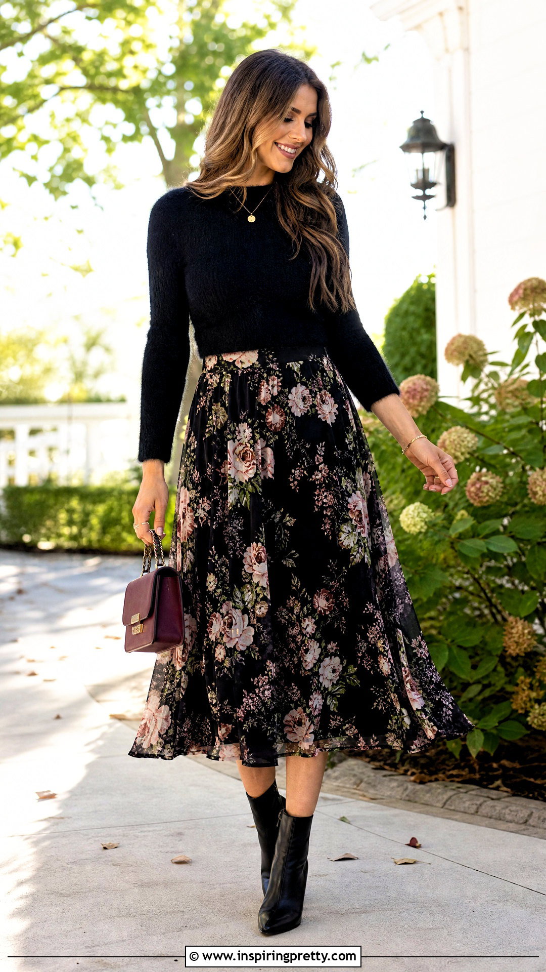 Black Fuzzy Top With Floral Midi Skirt - 25 black fuzzy top outfit ideas