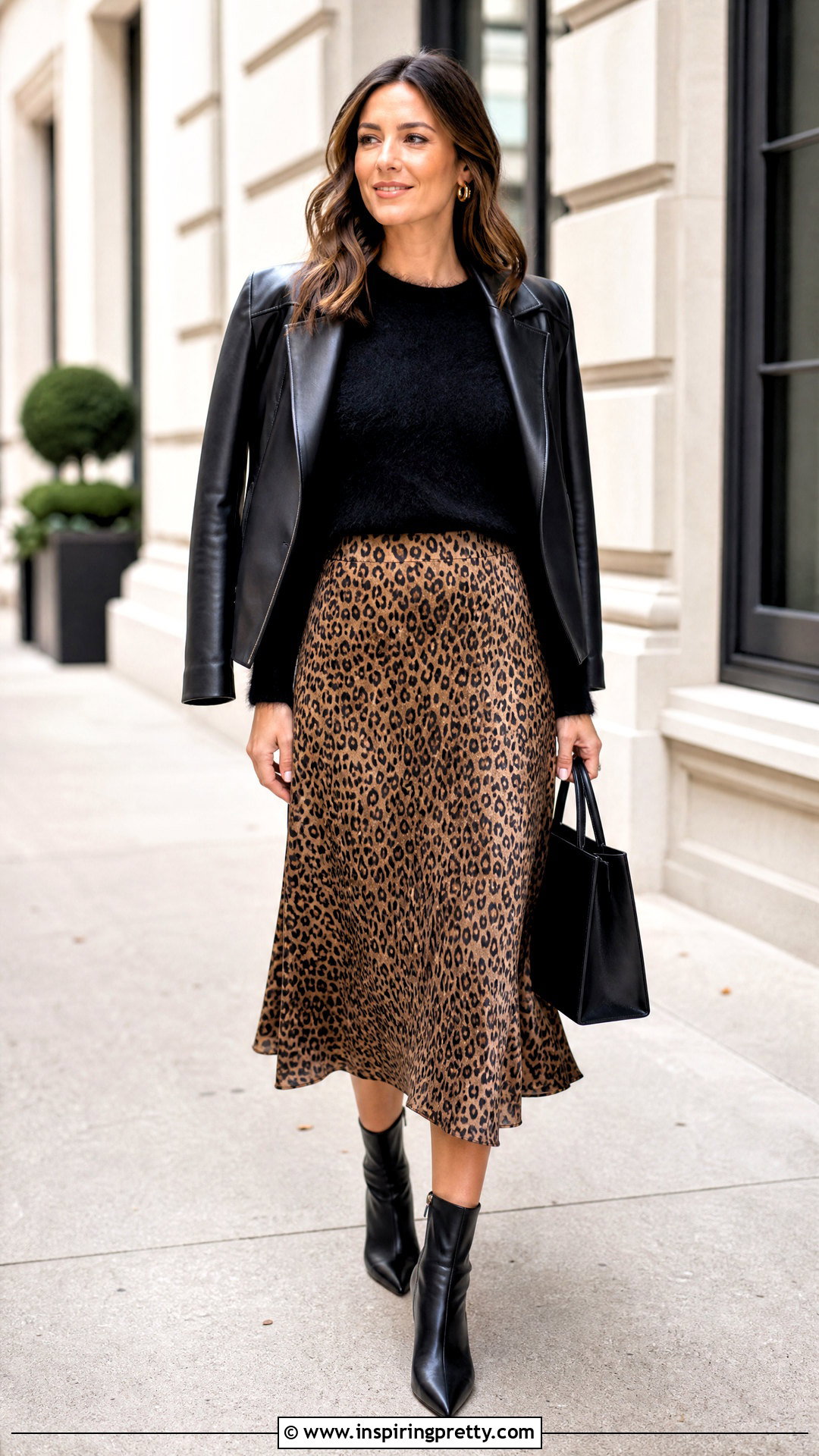 Black Fuzzy Top With Leopard Midi Skirt - 25 black fuzzy top outfit ideas