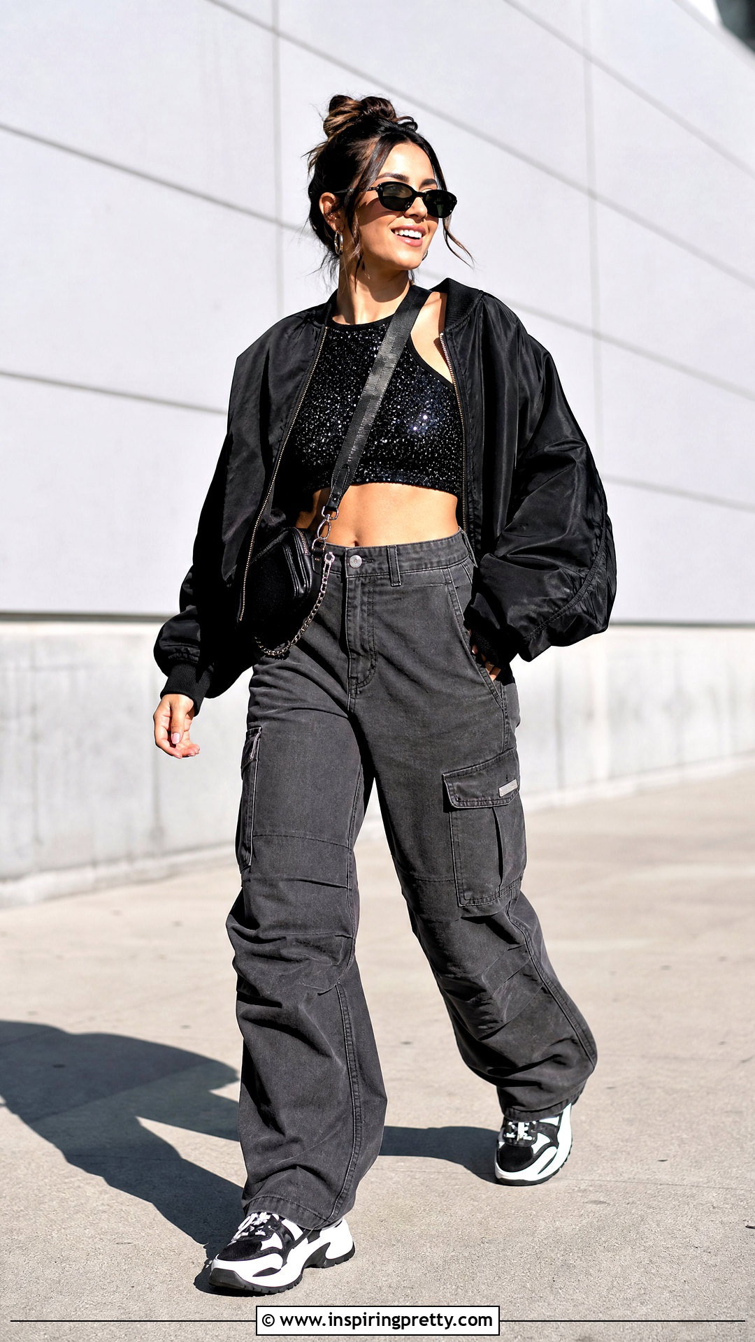 Black Glitter Crop Top With Cargo Pants - 25 Black Glitter Crop Top outfit ideas