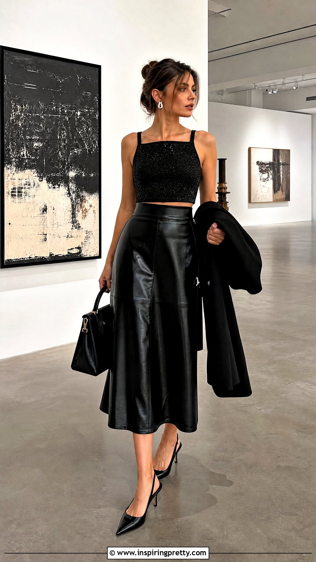 Black Glitter Crop Top With Leather Midi Skirt - 25 Black Glitter Crop Top outfit ideas