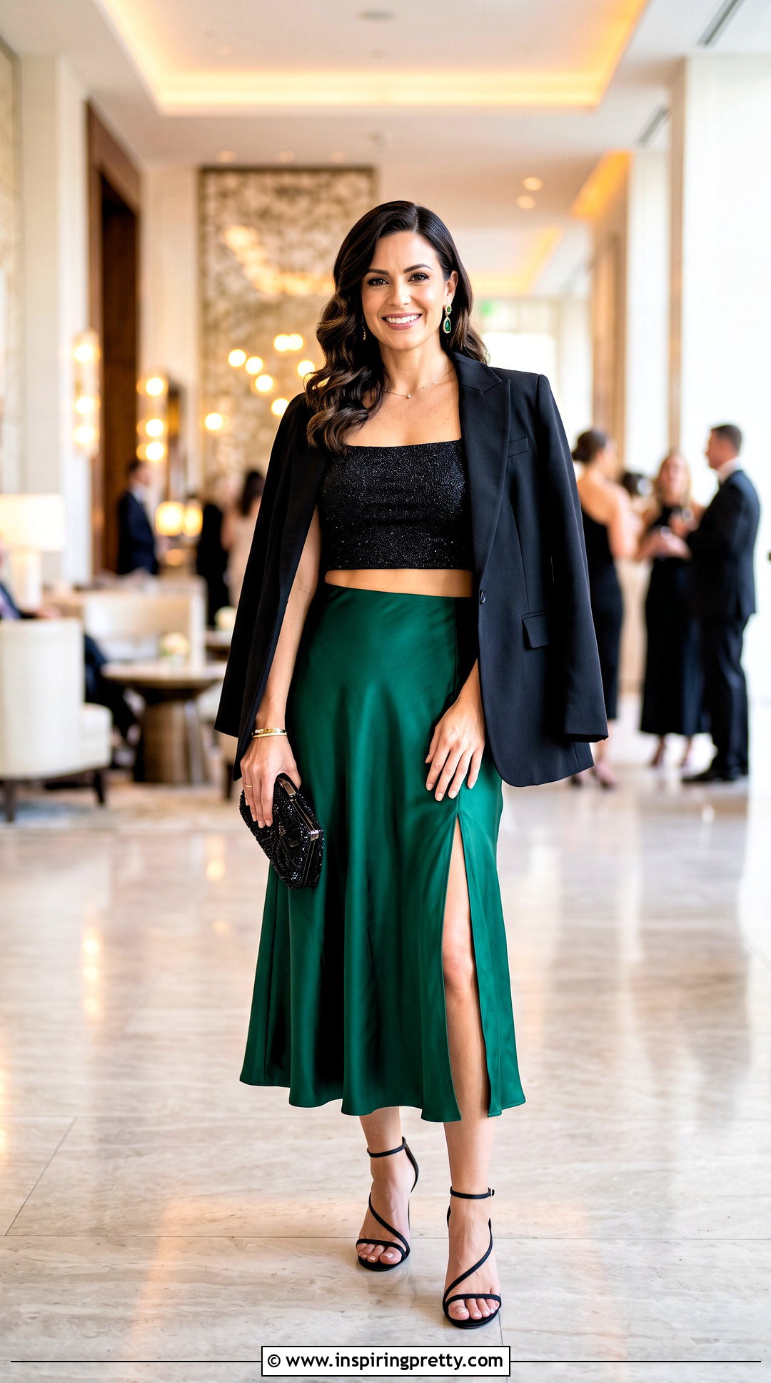 Black Glitter Crop Top With Satin Midi Skirt - 25 Black Glitter Crop Top outfit ideas