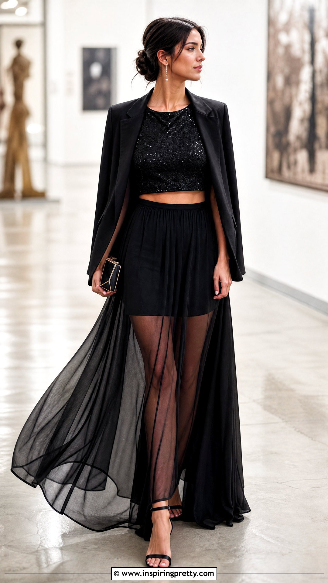 Black Glitter Crop Top With Sheer Maxi Skirt - 25 Black Glitter Crop Top outfit ideas