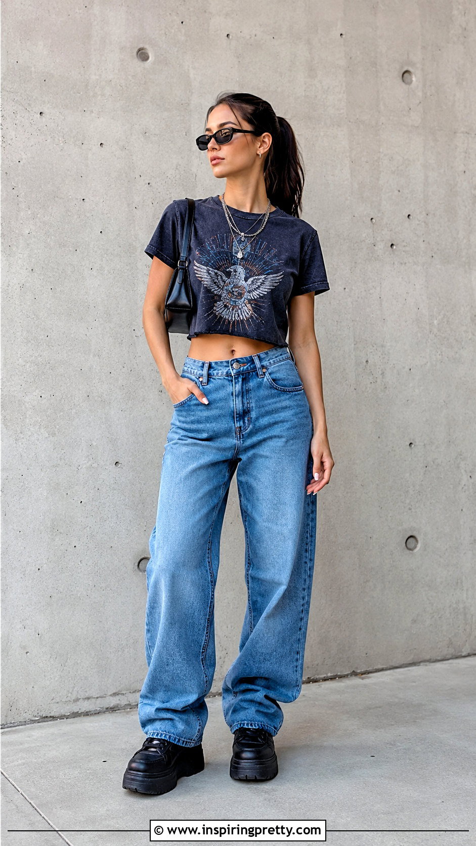 Black Graphic Crop Top With Baggy Jeans - 20 Tanner Buchanan Crop Top outfit ideas