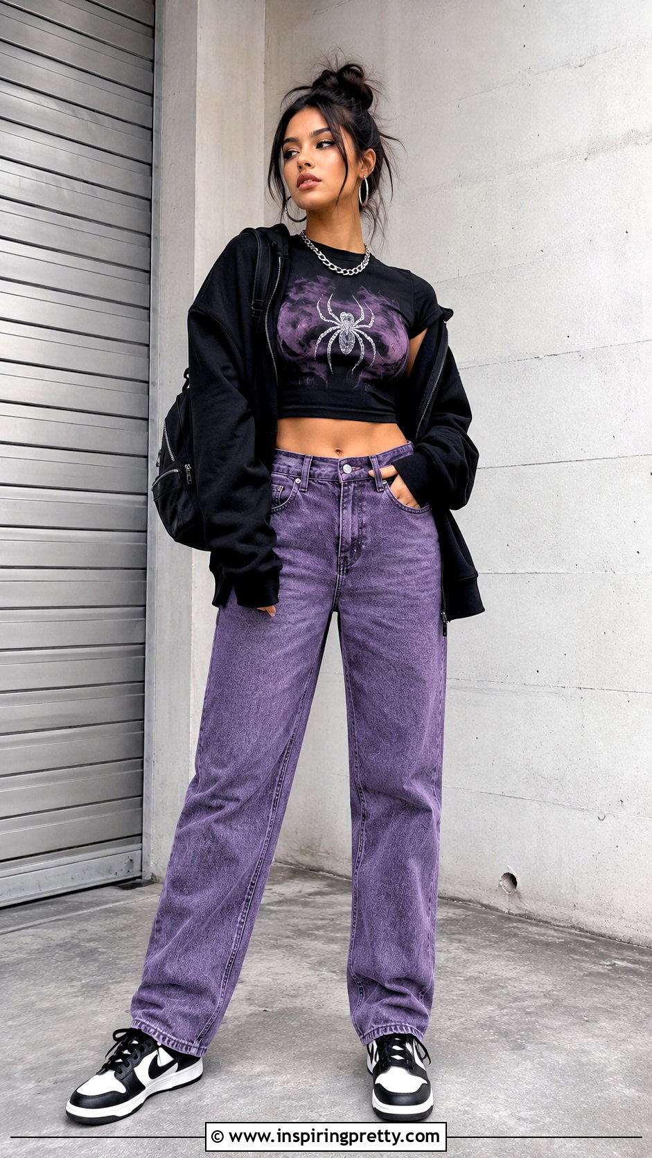Black Graphic Crop Top With Purple Denim - 25 Black And Purple Crop Top outfit ideas