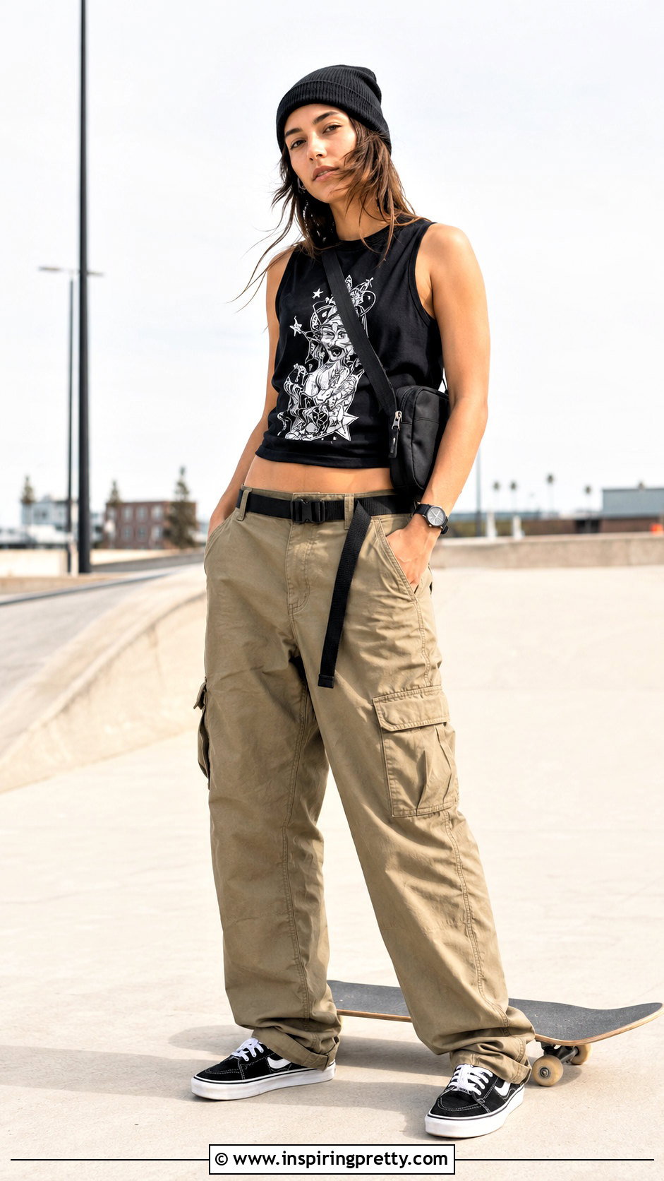 Black Graphic Skater Tank Top With Cargo Pants - 20 skater tank tops outfit ideas