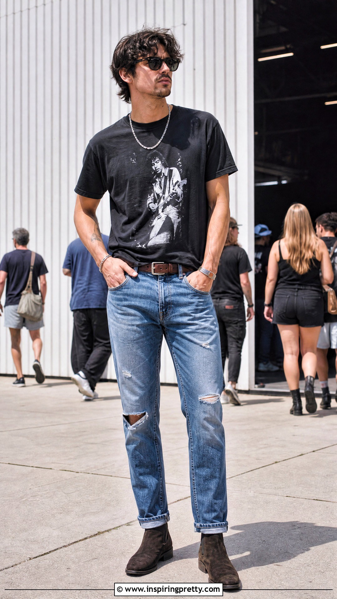 Black Graphic T Shirt Ripped Blue Jeans Boots - 20 Black Top Blue Jeans Mens