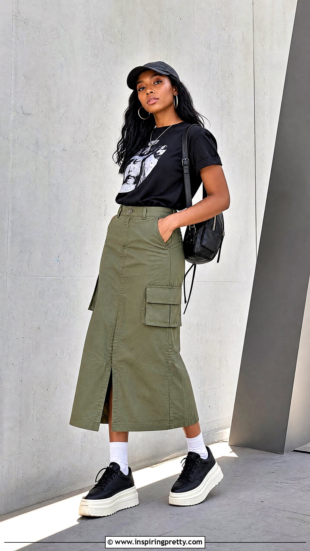 Black Graphic T Shirt With Cargo Skirt - 25 Black Tops Black Women