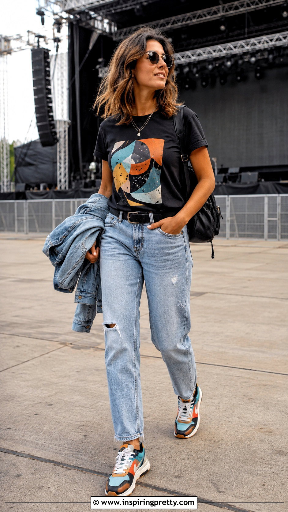 Black Graphic T Shirt With Distressed Jeans And Colorful Sneakers - 25 Black Top With Jeans And Sneakers
