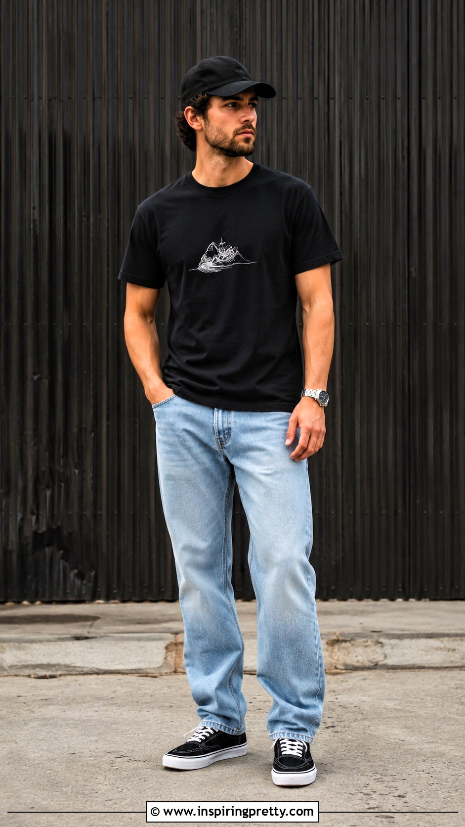 Black Graphic T Shirt With Light Blue Jeans And Black Sneakers - 20 Light Blue Jeans Black Top Men