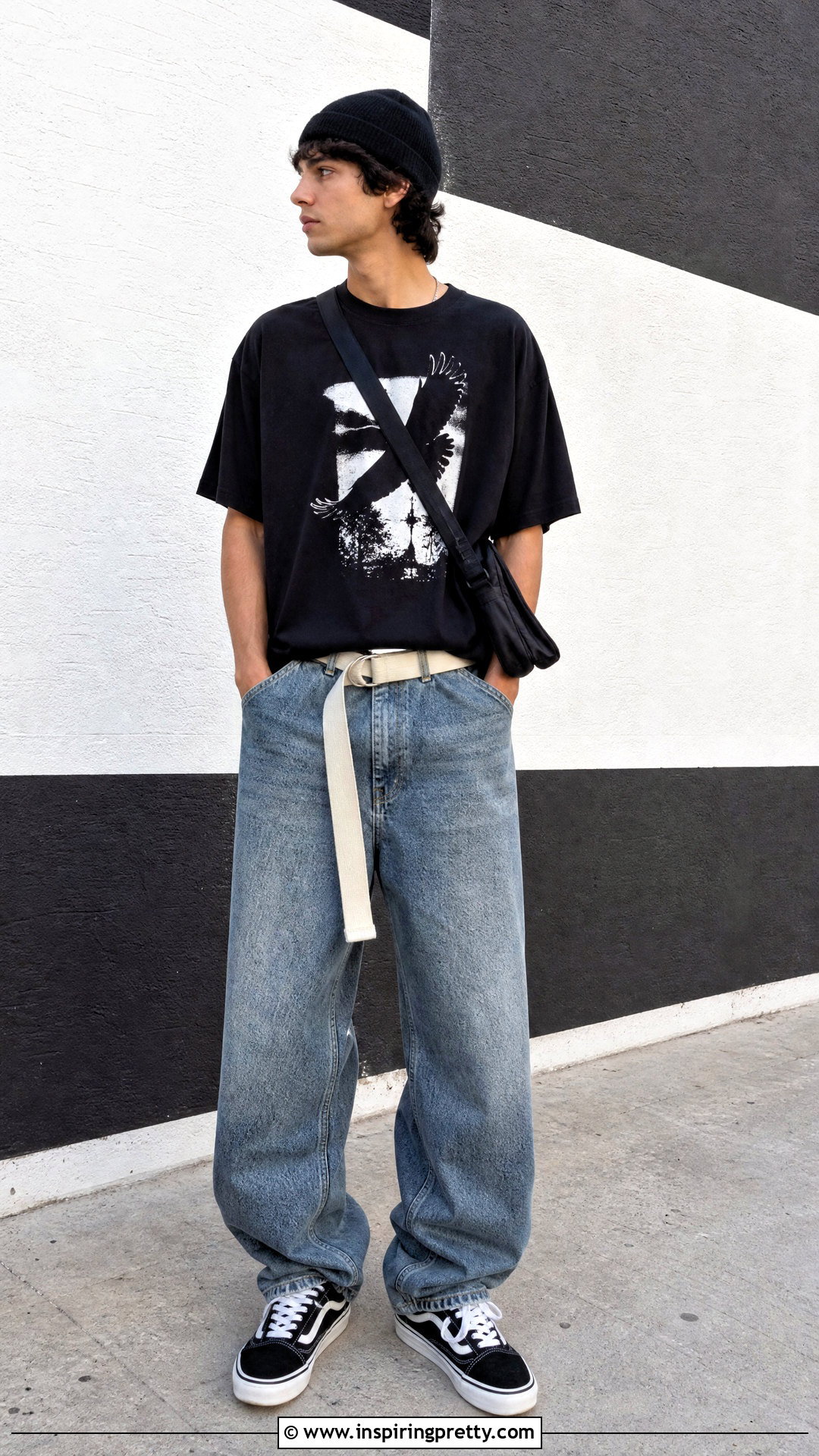 Black Graphic T Shirt With Loose Jeans And Skate Sneakers - 25 Black Top With Jeans Men