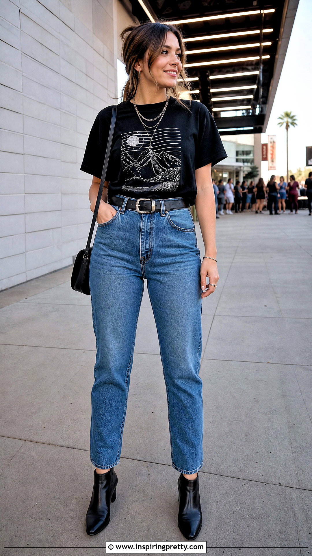 Black Graphic T Shirt With Mom Jeans - 50 blue jeans black top outfit ideas
