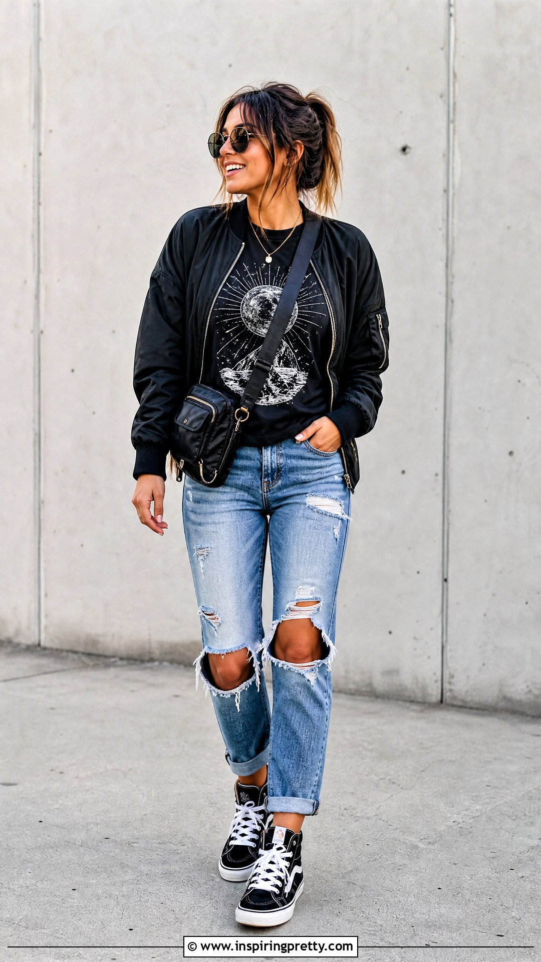 Black Graphic T Shirt With Ripped Blue Jeans And High Top Sneakers - 50 black top and blue jeans outfit ideas