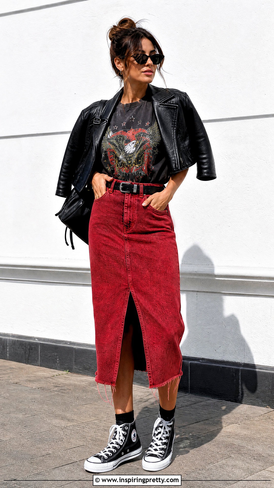 Black Graphic Tee Red Denim Skirt Outfit - 20 black top red skirt outfits