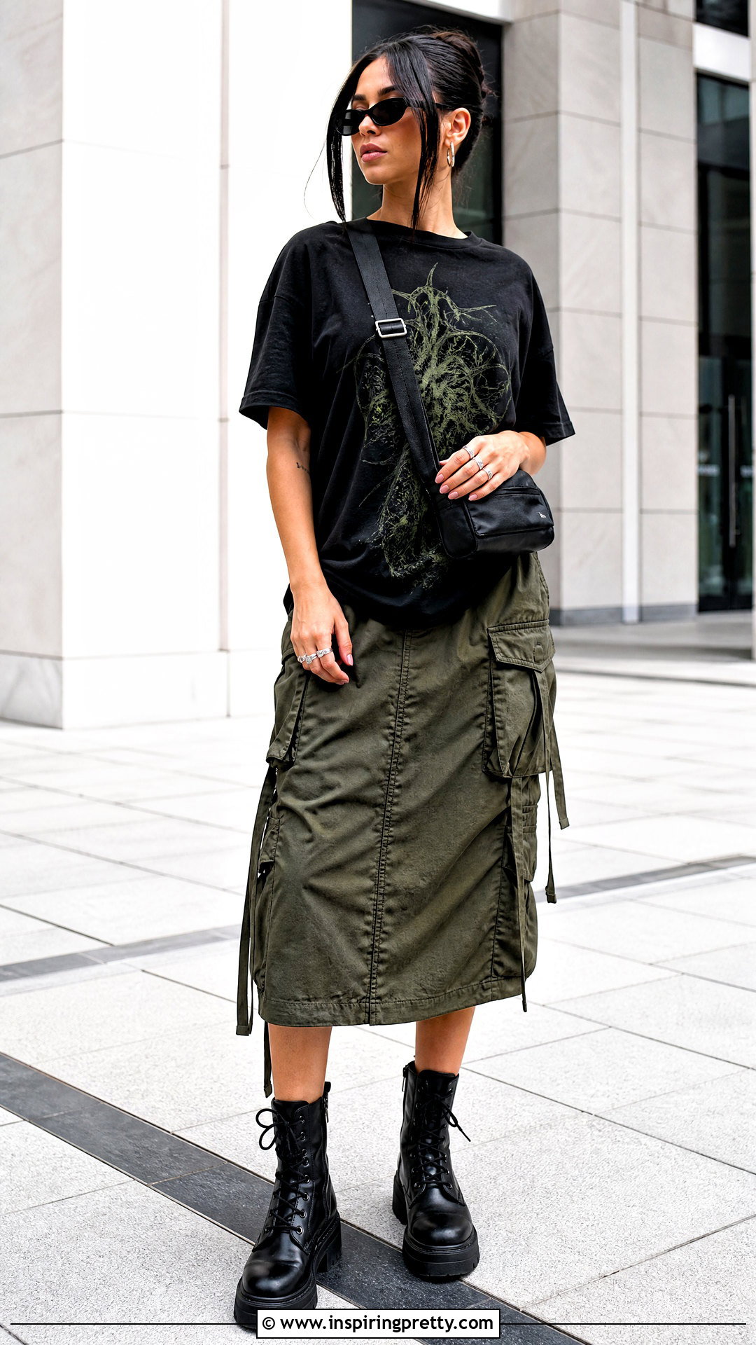 Black Graphic Tee With Green Cargo Skirt - 20 green and black fashion top outfit ideas