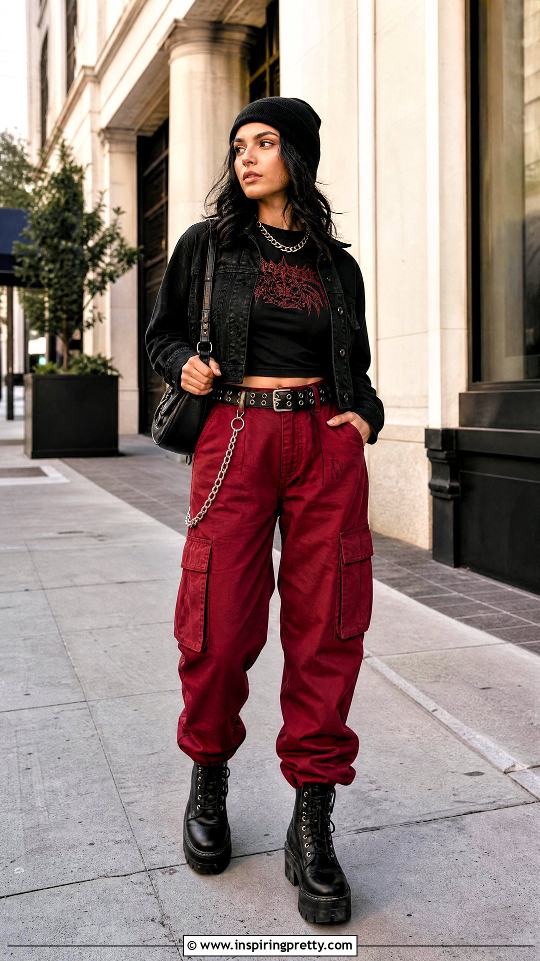 Black Graphic Top And Red Cargo Pants Emo Outfit - 50 emo top outfit ideas