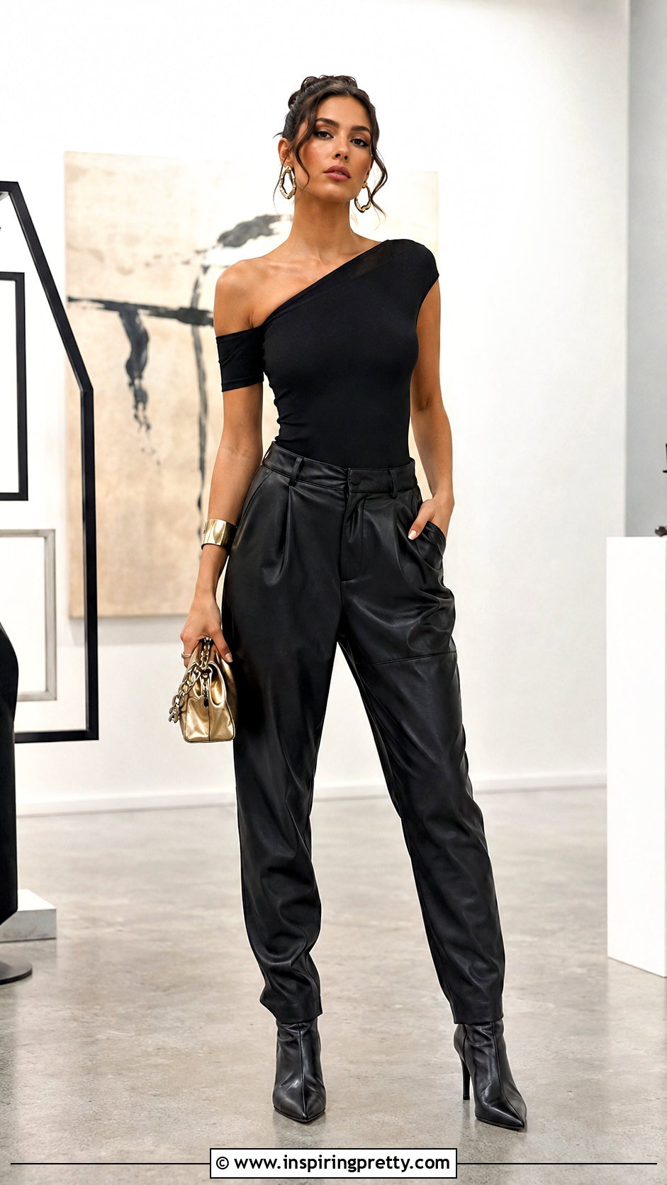 Black Half Shoulder Bodysuit With Leather Pants - 50 half shoulder top outfit ideas
