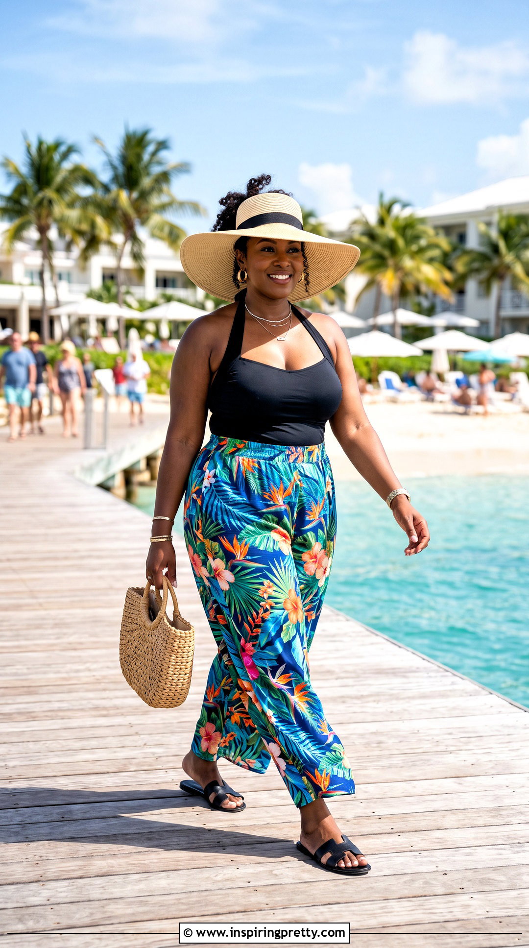 Black Halter Beach Top With Printed Palazzo Pants - 50 beach tops outfit ideas