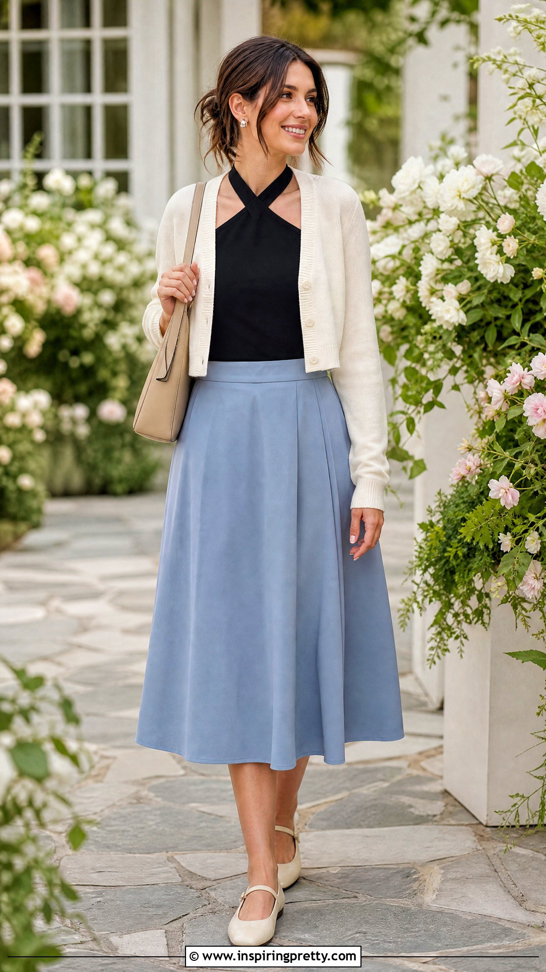 Black Halter Neck Top With Cardigan And Midi Skirt - 50 black halter neck top outfit ideas