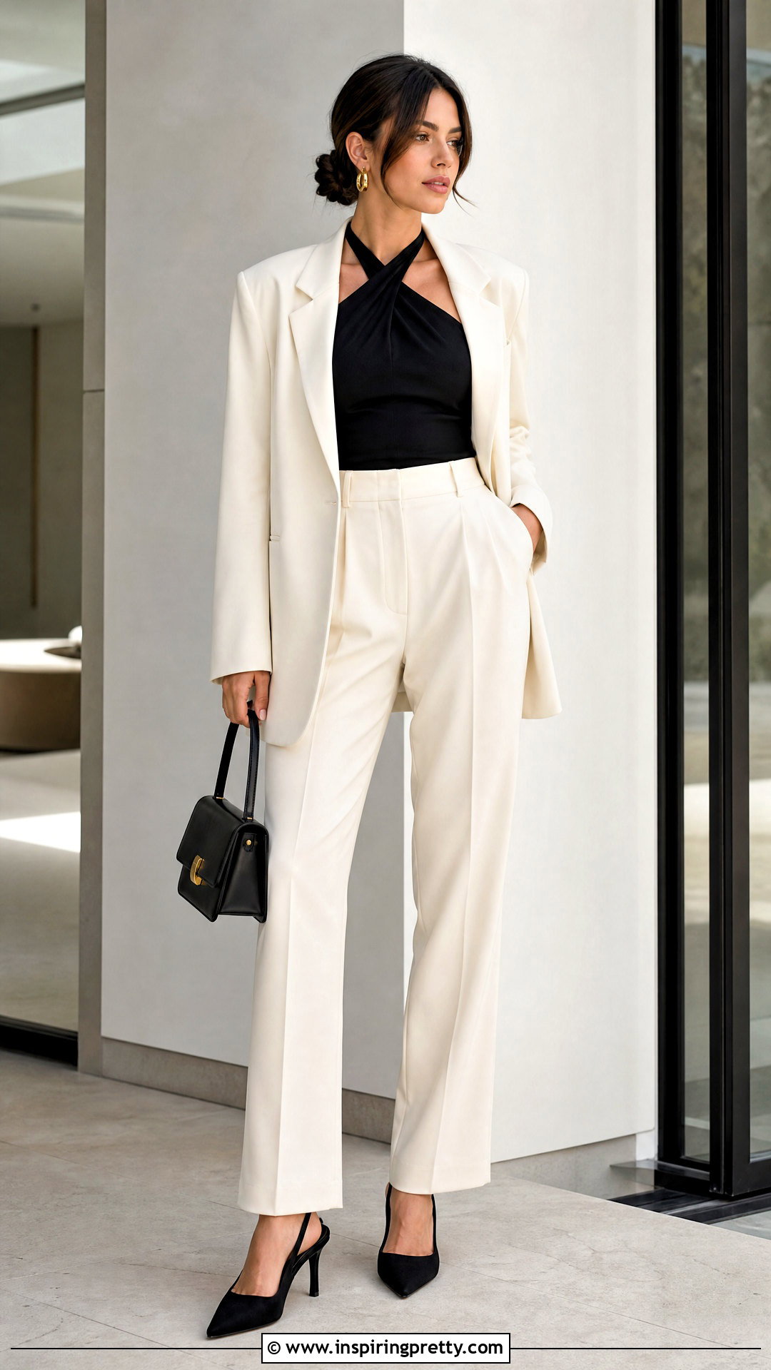 Black Halter Neck Top With Cream Suit - 50 black halter neck top outfit ideas