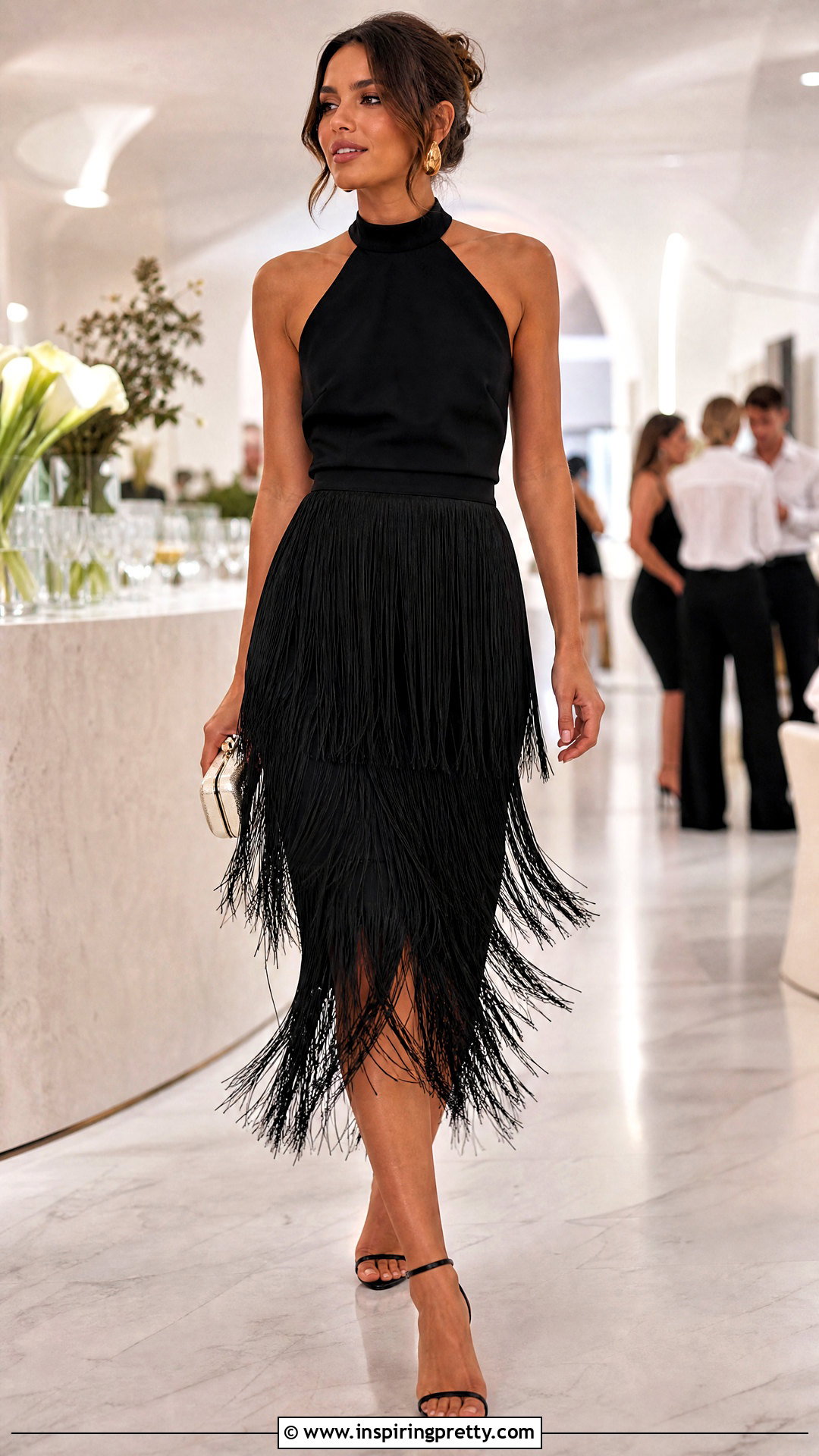 Black Halter Neck Top With Fringe Midi Skirt - 50 black halter neck top outfit ideas