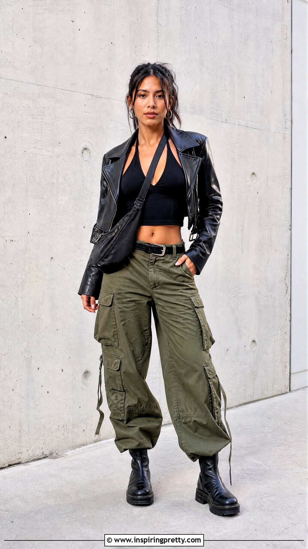 Black Halter Neck Top With Leather Jacket And Cargo Pants - 50 black halter neck top outfit ideas