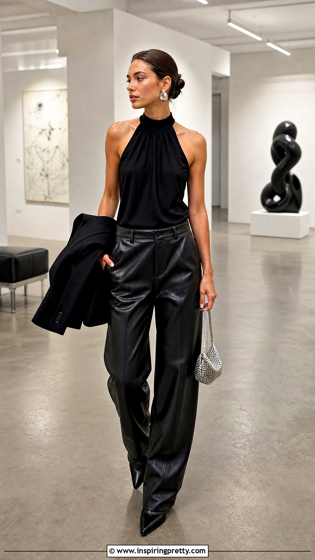 Black Halter Neck Top With Leather Pants - 50 black halter neck top outfit ideas