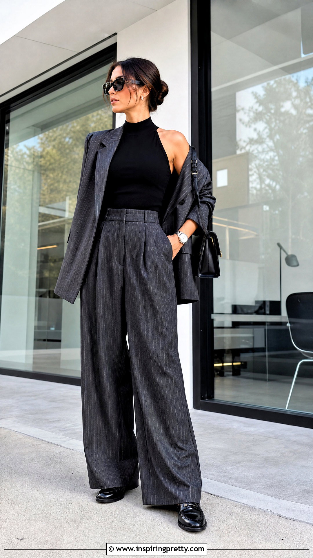 Black Halter Neck Top With Pinstripe Trousers - 50 black halter neck top outfit ideas