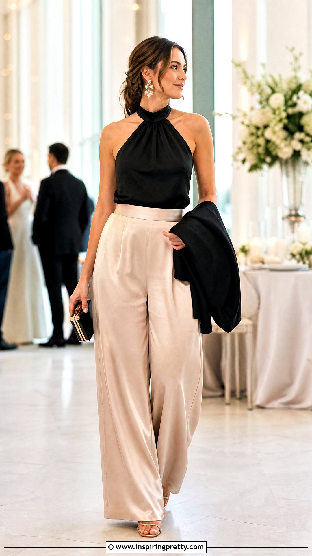 Black Halter Neck Top With Silk Wide Leg Pants - 50 black halter neck top outfit ideas