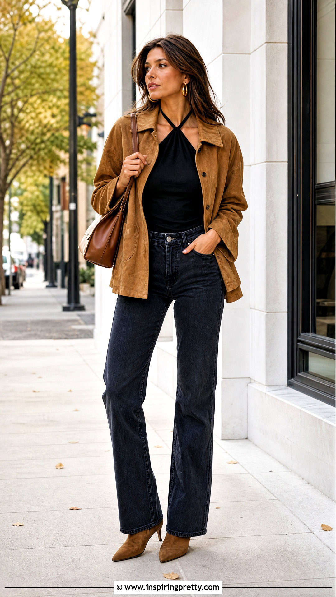 Black Halter Neck Top With Suede Jacket And Jeans - 50 black halter neck top outfit ideas