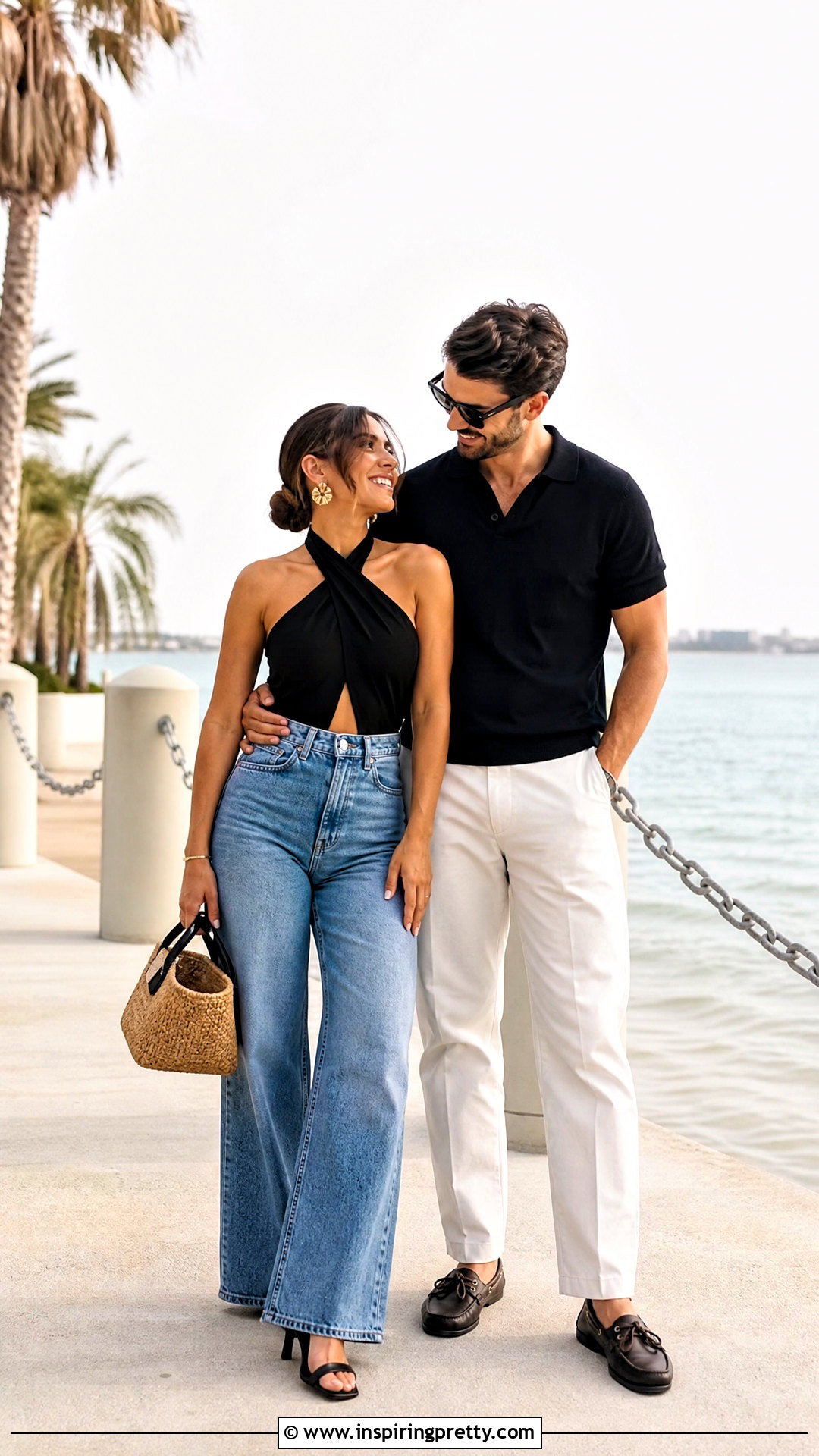 Black Halter Top And Wide Leg Jeans Engagement Outfit - 25 black top and jeans engagement photos