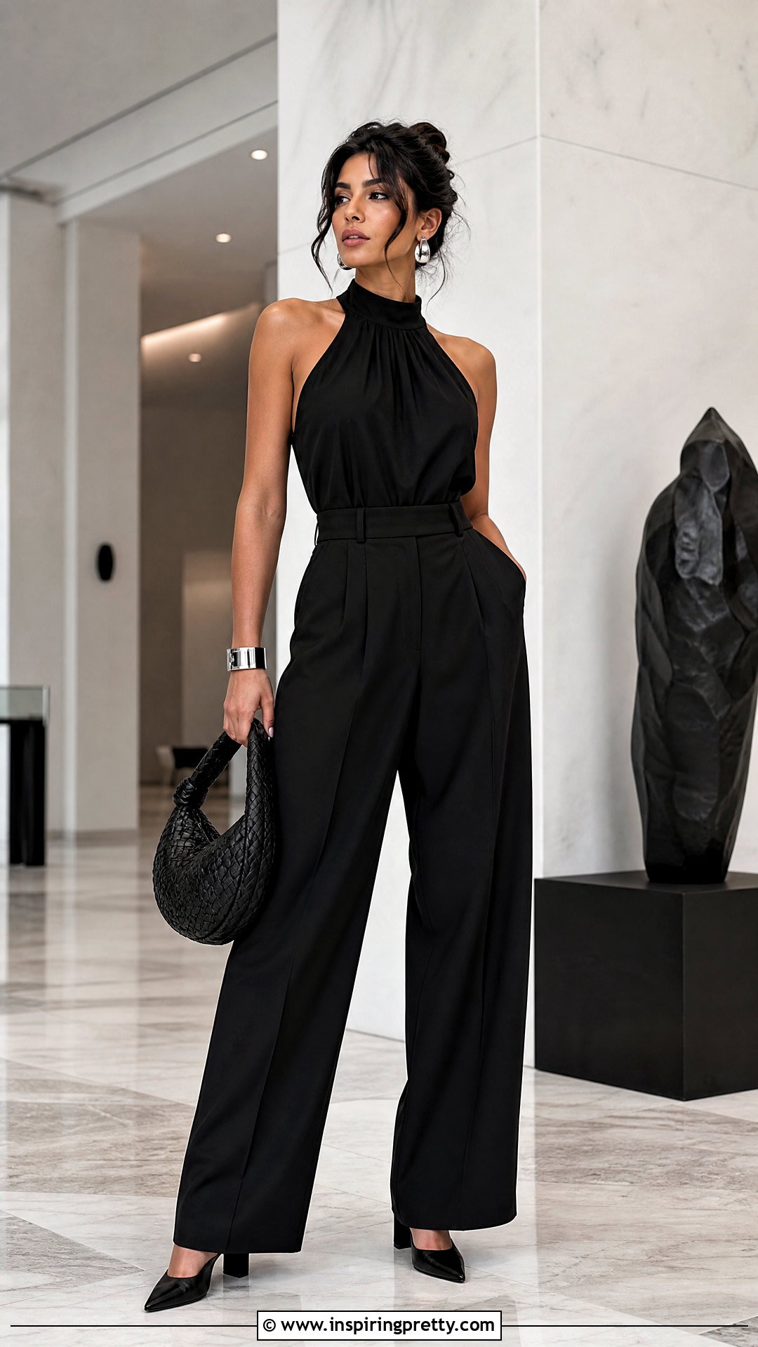 Black Halter Top With Black Tailored Trousers - 50 black halter top outfit ideas