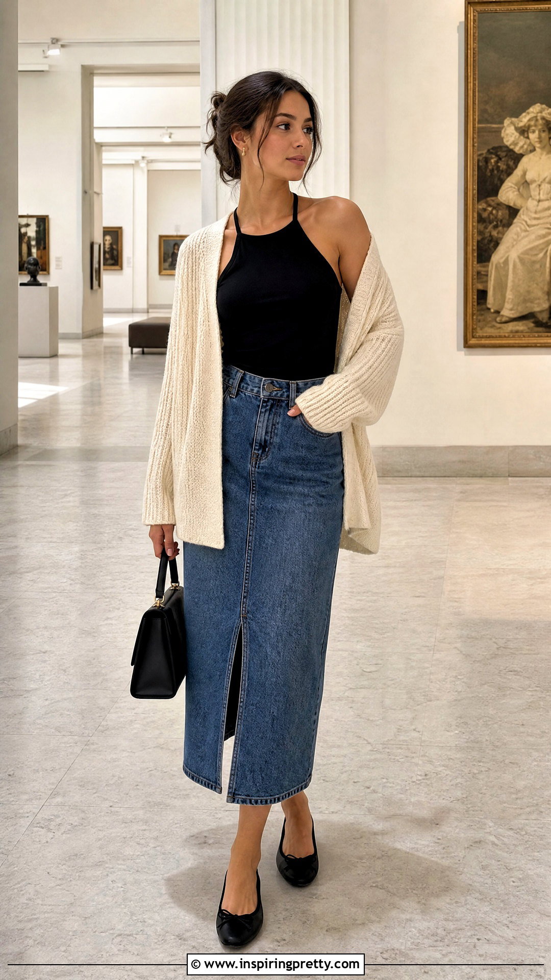 Black Halter Top With Cardigan And Midi Skirt - 50 black halter top outfit ideas