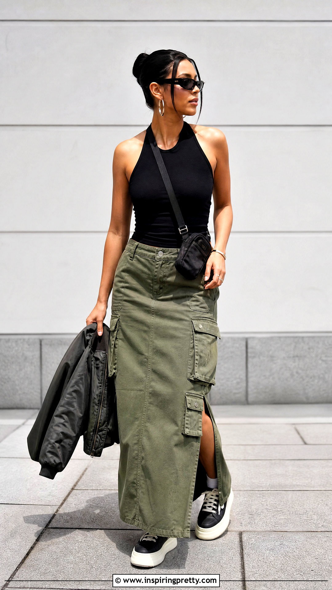 Black Halter Top With Cargo Maxi Skirt - 50 black halter top outfit ideas
