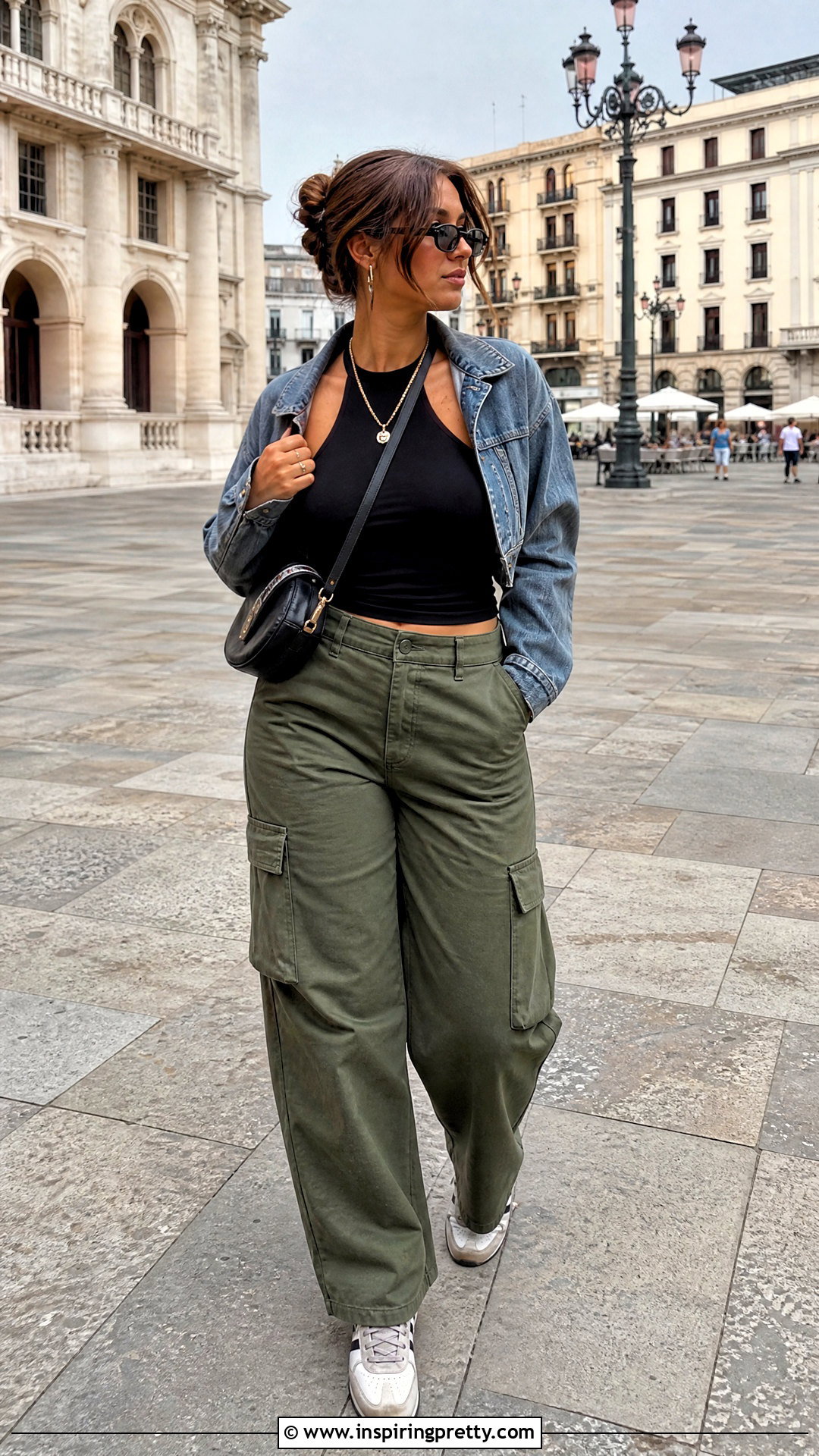 Black Halter Top With Denim Jacket And Cargo Pants - 50 black halter top outfit ideas