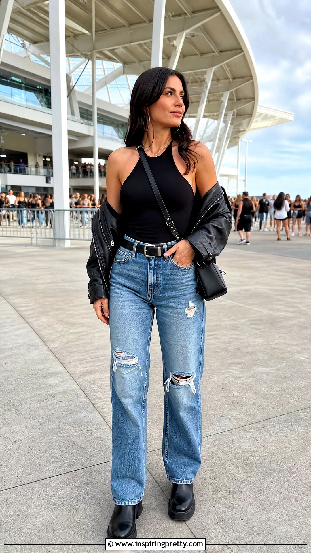 Black Halter Top With Distressed Jeans And Boots - 50 black halter top outfit ideas