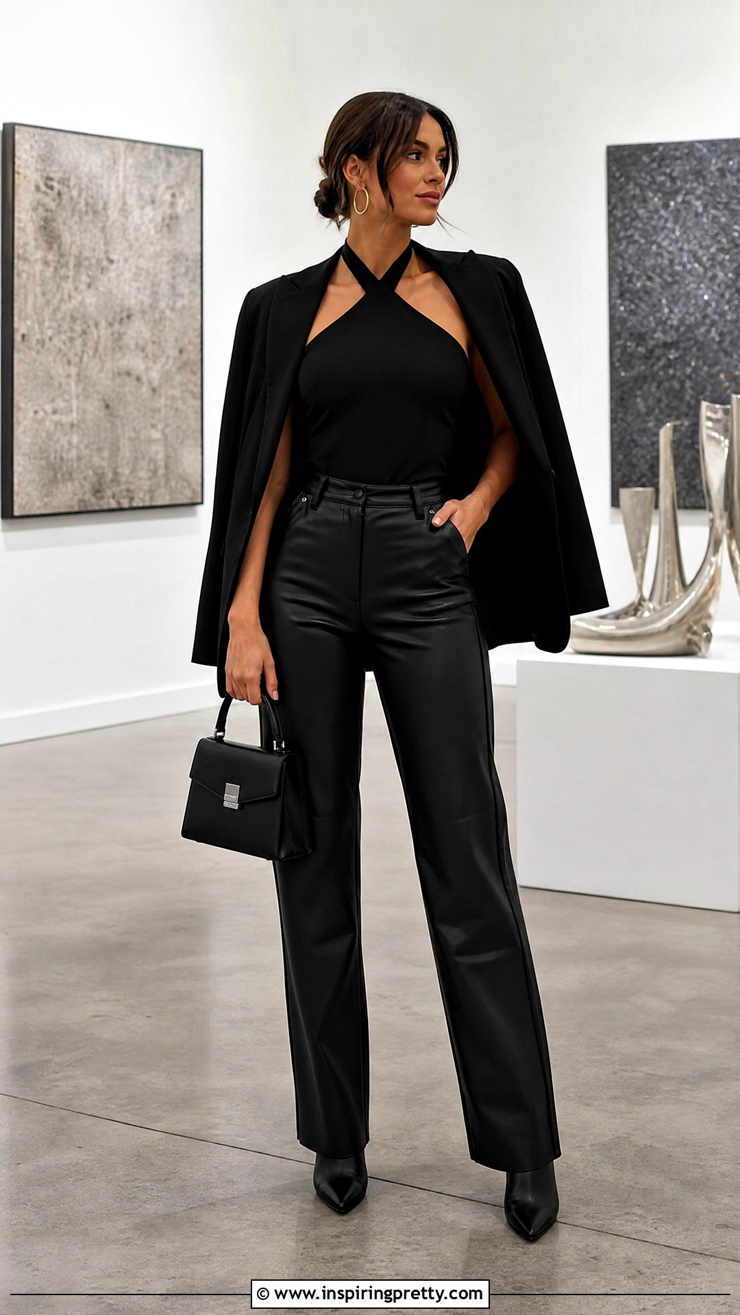 Black Halter Top With Leather Pants - 50 halter tops outfit ideas