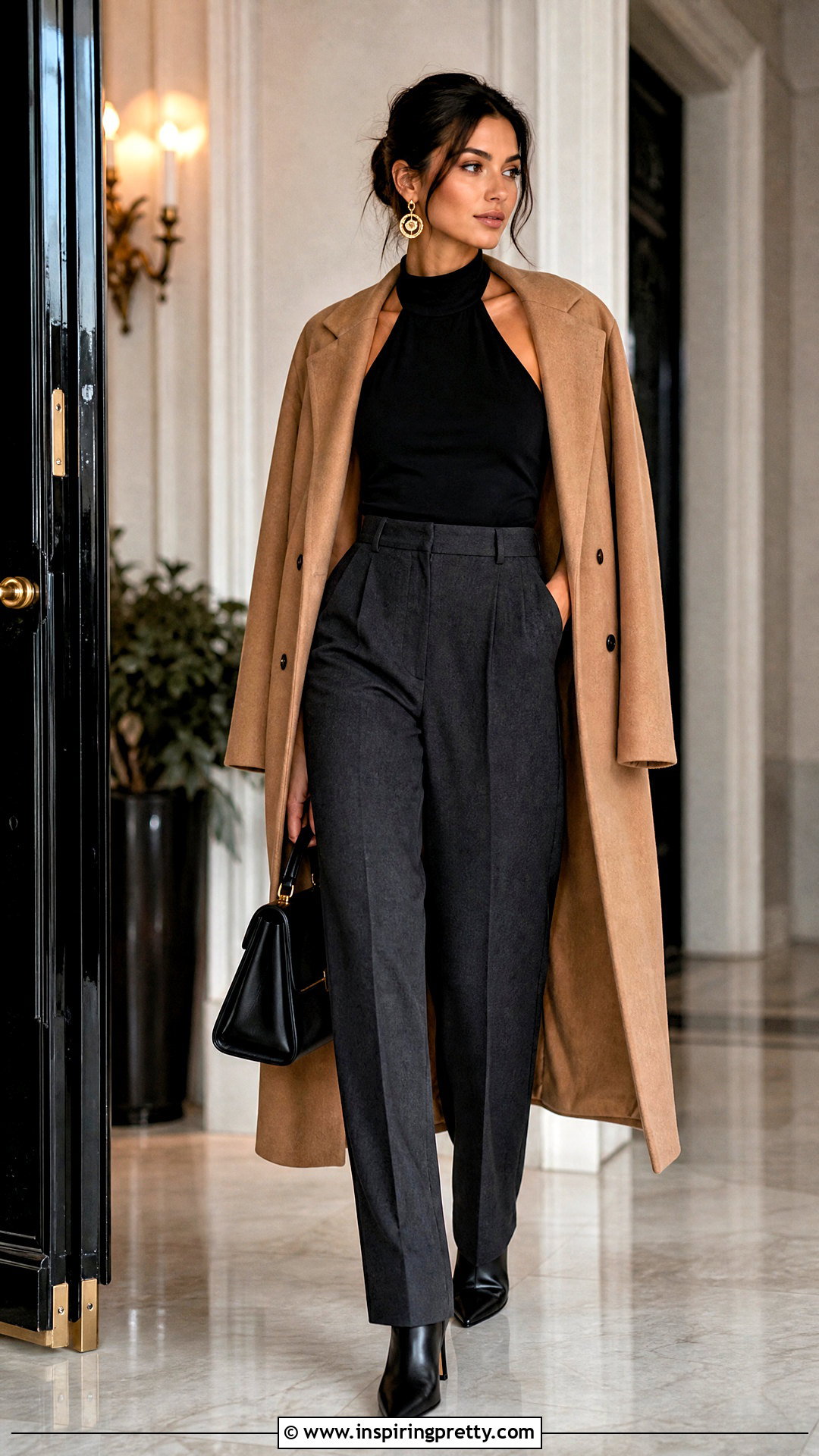 Black Halter Top With Long Coat And Trousers - 50 black halter top outfit ideas