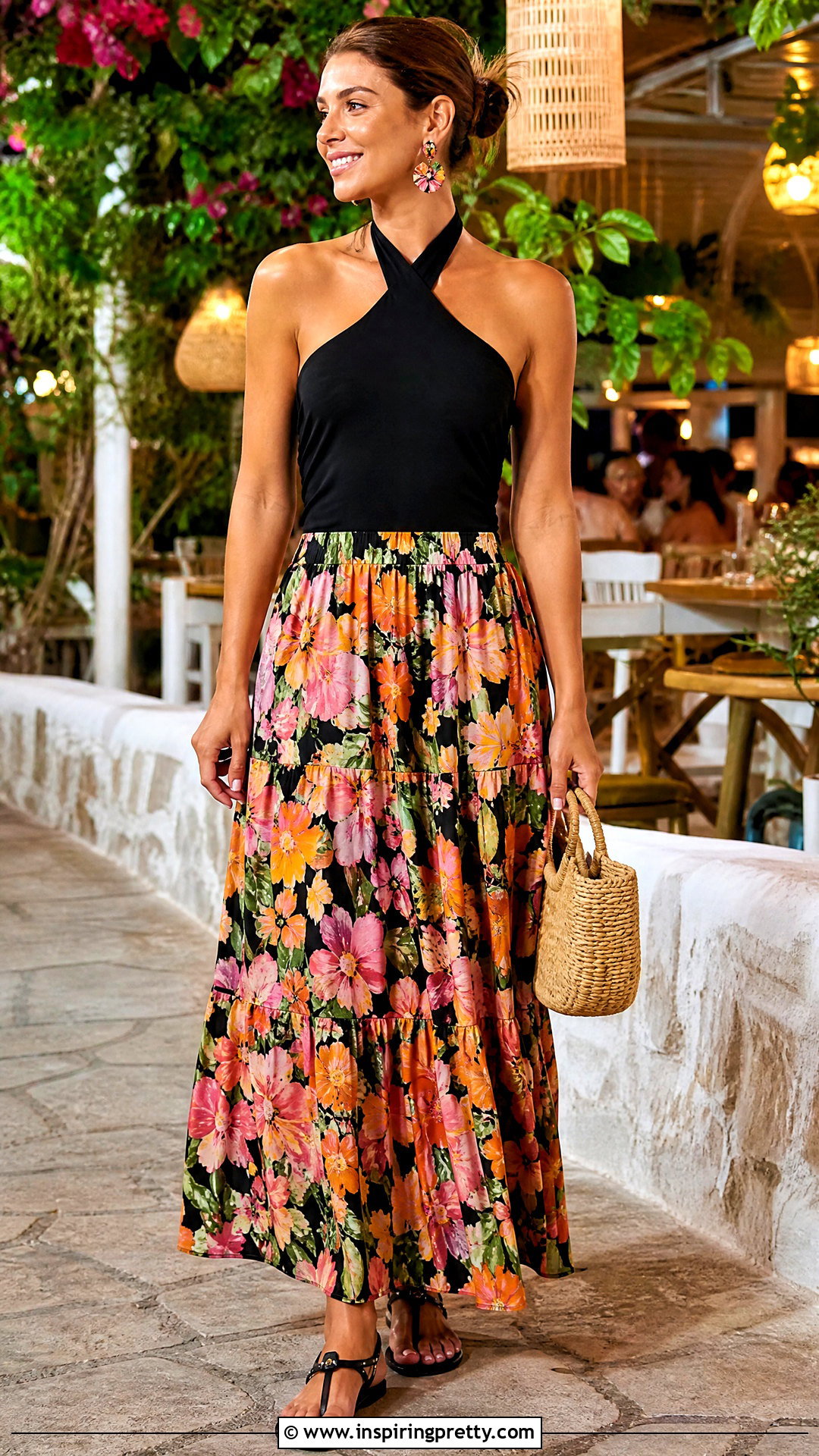 Black Halter Top With Patterned Maxi Skirt - 50 halter tops outfit ideas